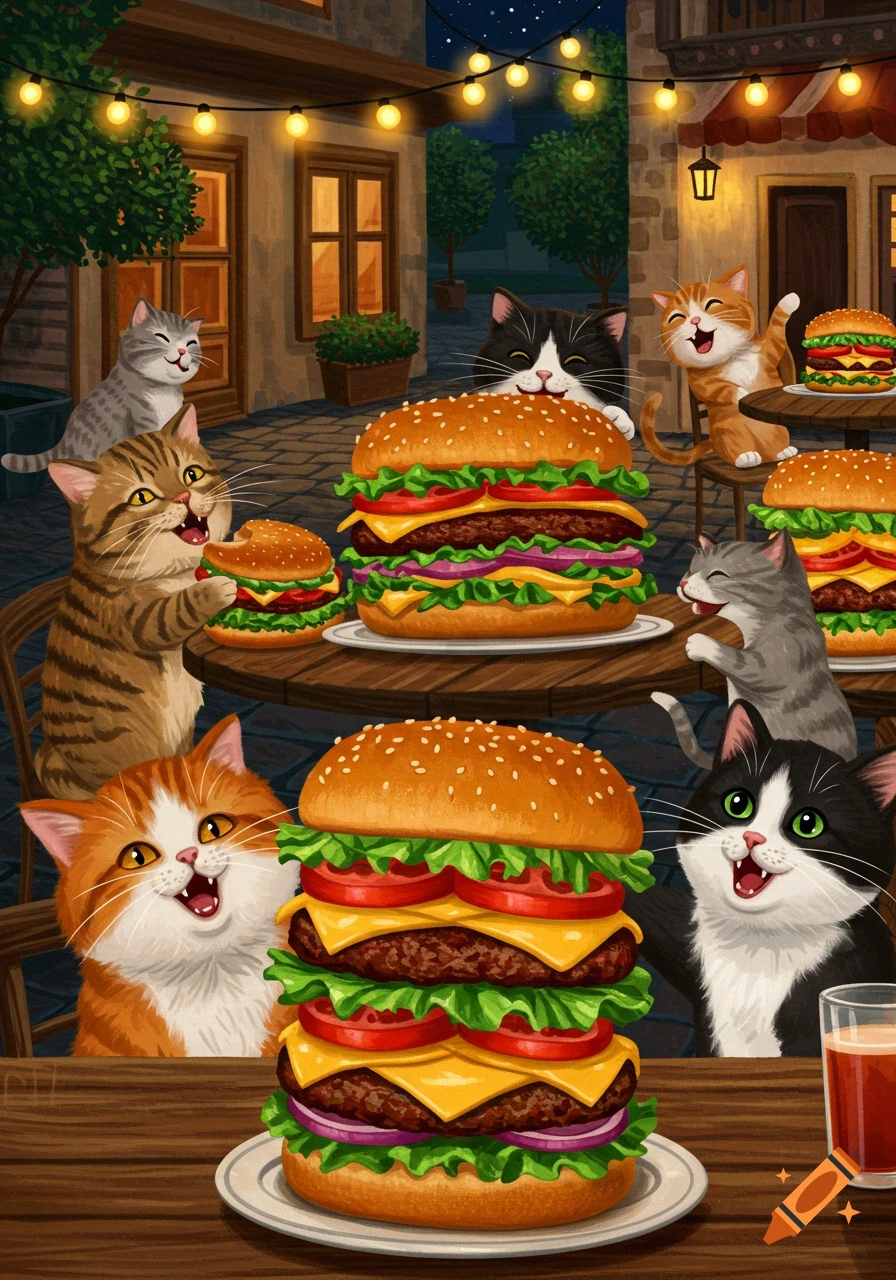Vibrant illustration of happy cartoon cats eagerly eating giant burgers at an outdoor cafe under string lights at night.