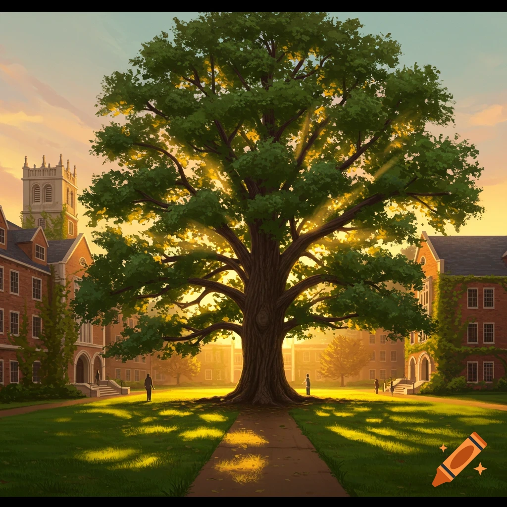 A large, leafy tree stands prominently on a college campus lawn between brick buildings at sunset, with golden light rays.