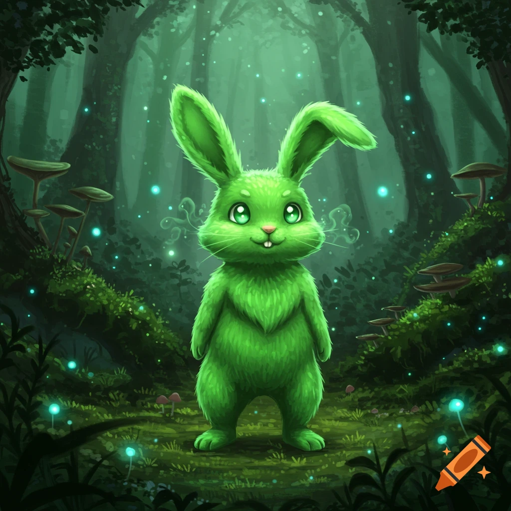 A bright green, fluffy rabbit-like creature with large ears and glowing eyes stands in a magical, mossy forest with shimmering lights, illustrated.