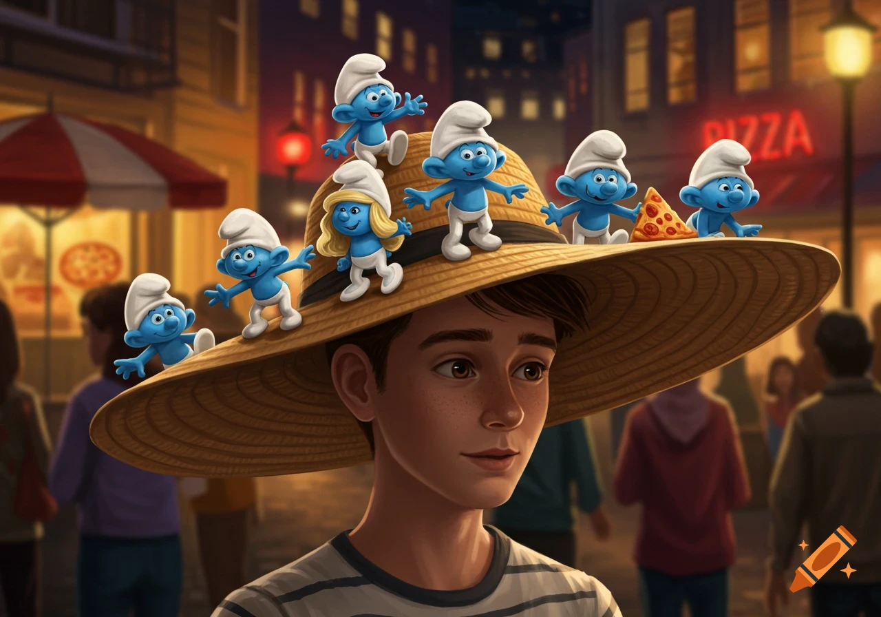A boy wearing a large straw hat with several Smurfs and a slice of pizza on it, walking on a city street at dusk, with a "PIZZA" sign in the background.