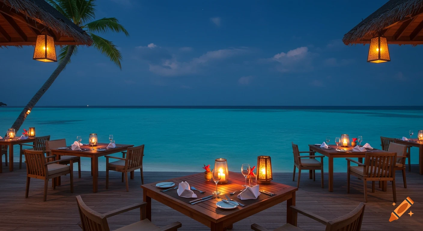 Elegant open-air restaurant by the turquoise ocean at night with warmly lit tables, palm trees, and a dark sky.