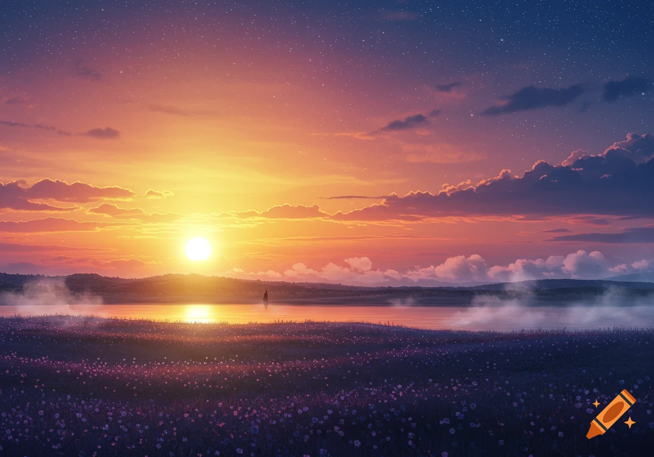 Vibrant, stylized sunset landscape with a lone figure by a lake, fields of flowers, distant hills, and a starry sky.