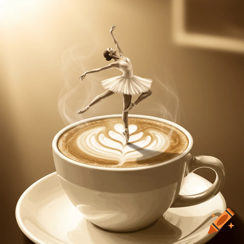 A graceful ballerina dancing en pointe on a cup of cappuccino with latte art, steam rising.