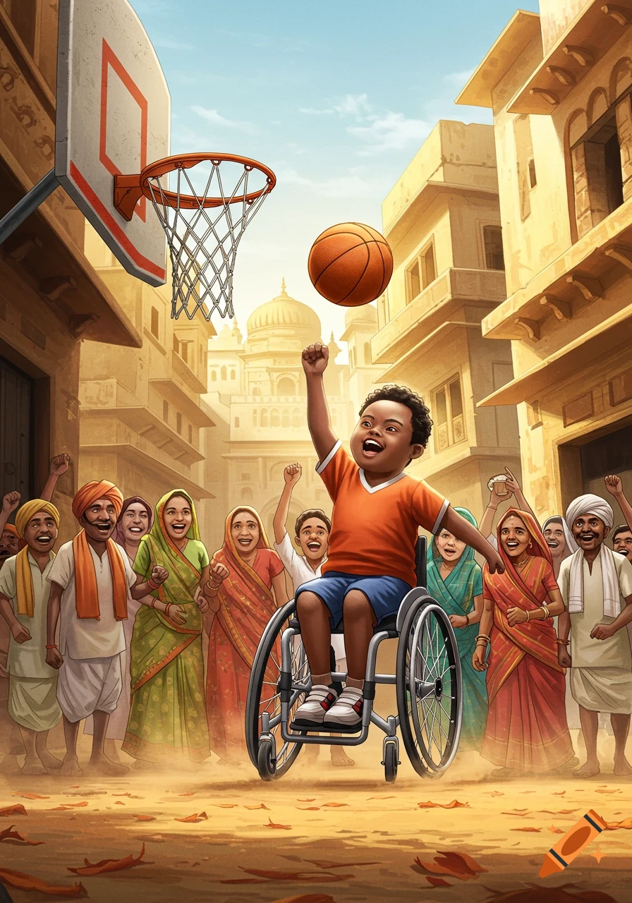 A happy child in a wheelchair raises a fist while playing basketball, with a crowd cheering in an Indian street.