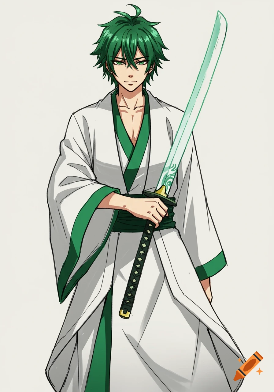 An anime-style male warrior with spiky green hair and eyes, wearing a white and green kimono, holding a long, glowing green katana.