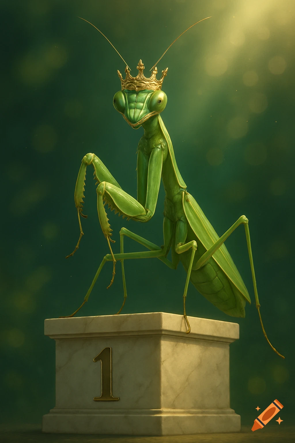 A majestic green praying mantis with a golden crown stands on a marble podium displaying the number 1, against a blurred green background.