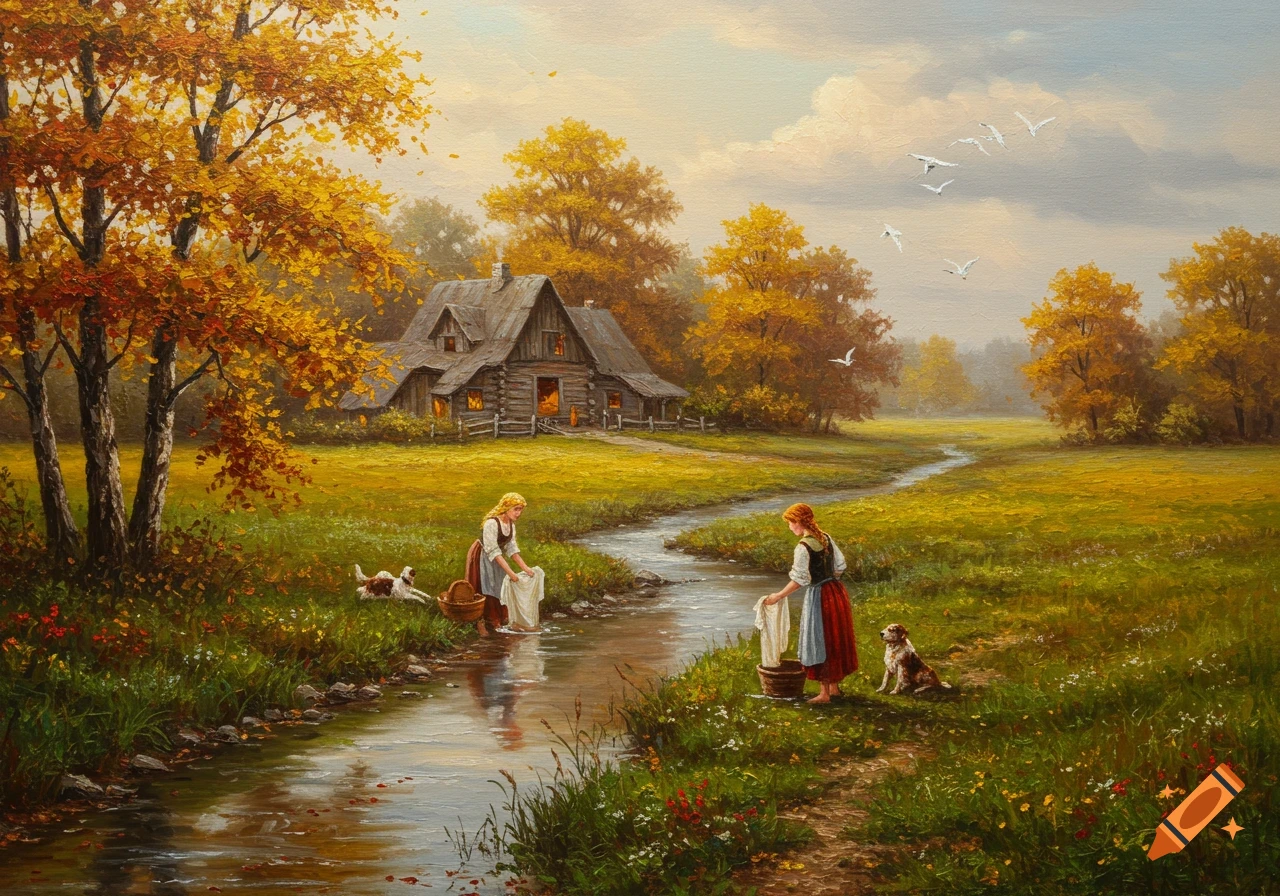 Oil painting of two women washing clothes in a stream in an autumnal landscape with a rustic log cabin, golden trees, and dogs.