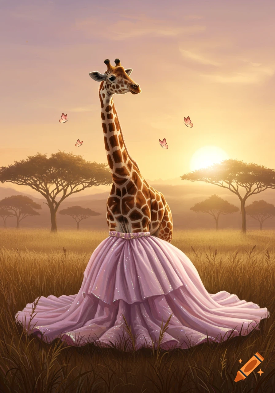 A giraffe in a pink princess skirt stands in a savanna at sunset with butterflies.