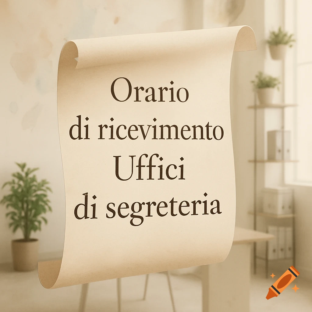 A beige scroll with the Italian text "Orario di ricevimento Uffici di segreteria" floating in a softly blurred office background with plants.