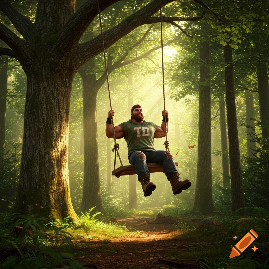 A muscular lumberjack with a beard sits on a wooden swing hanging from a large tree in a sun-dappled forest.