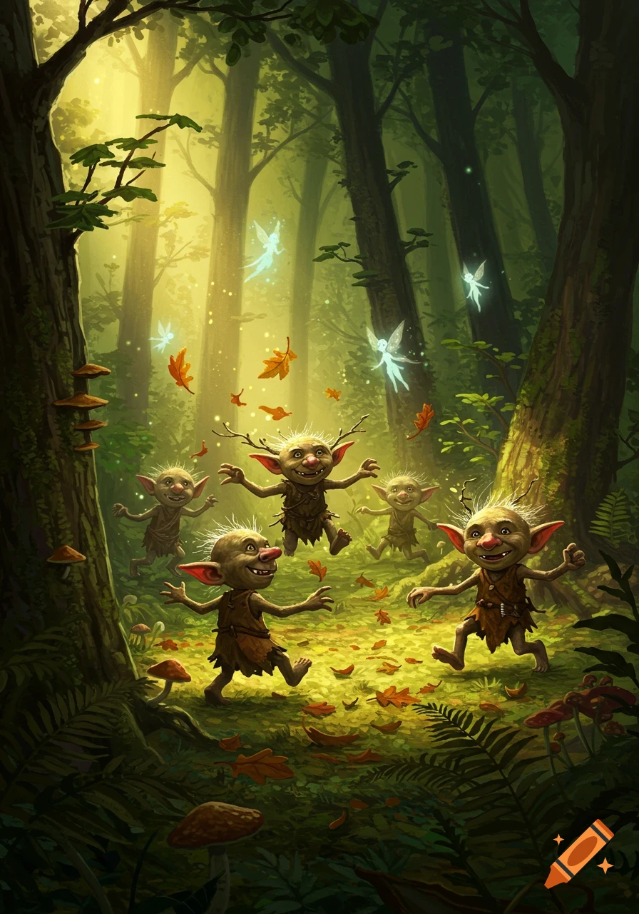 Whimsical illustration of five mischievous little trolls dancing and playing with falling leaves in a sun-dappled magical forest with fairies flying.