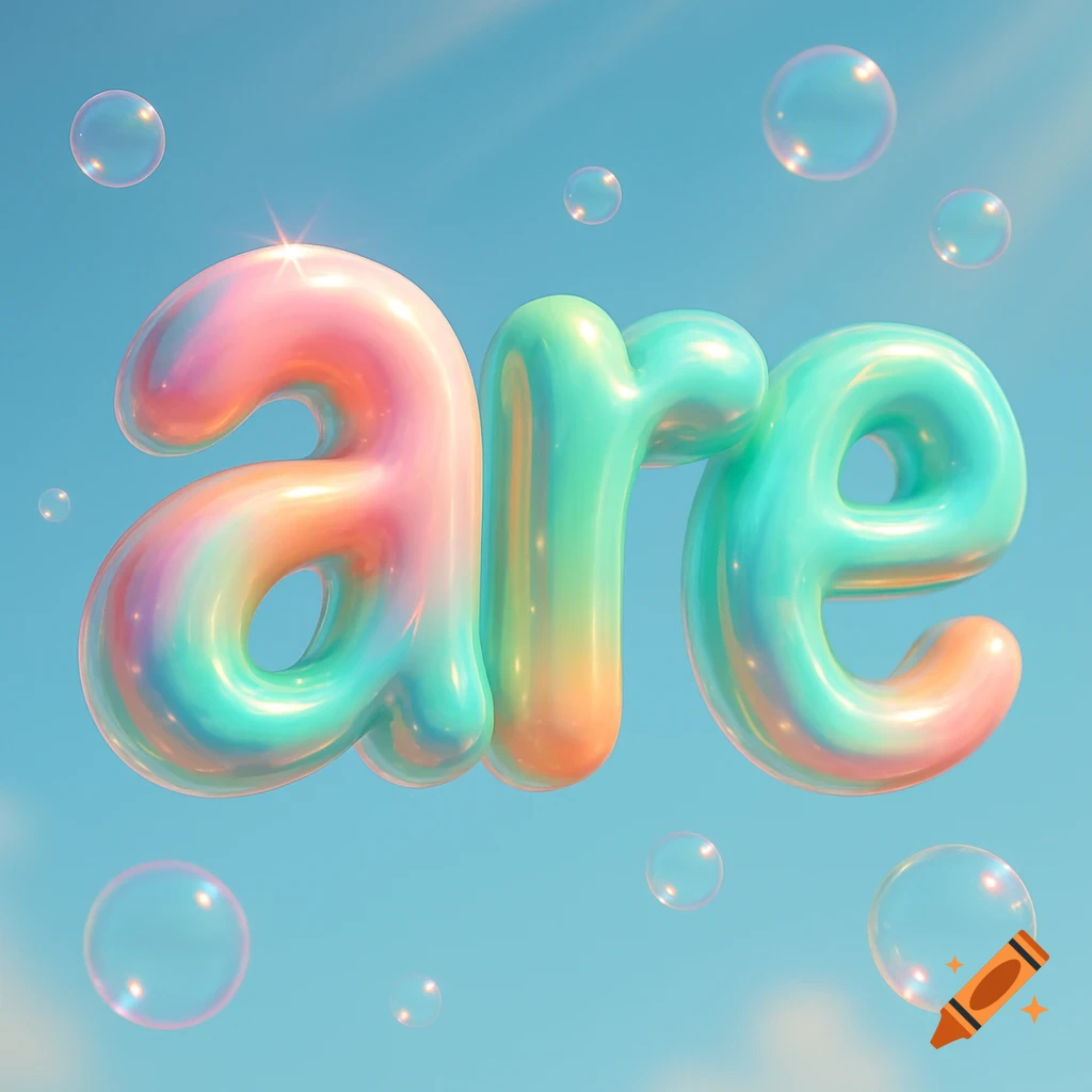 The word 'are' in colorful, iridescent bubble letters floats in a blue sky with scattered bubbles.