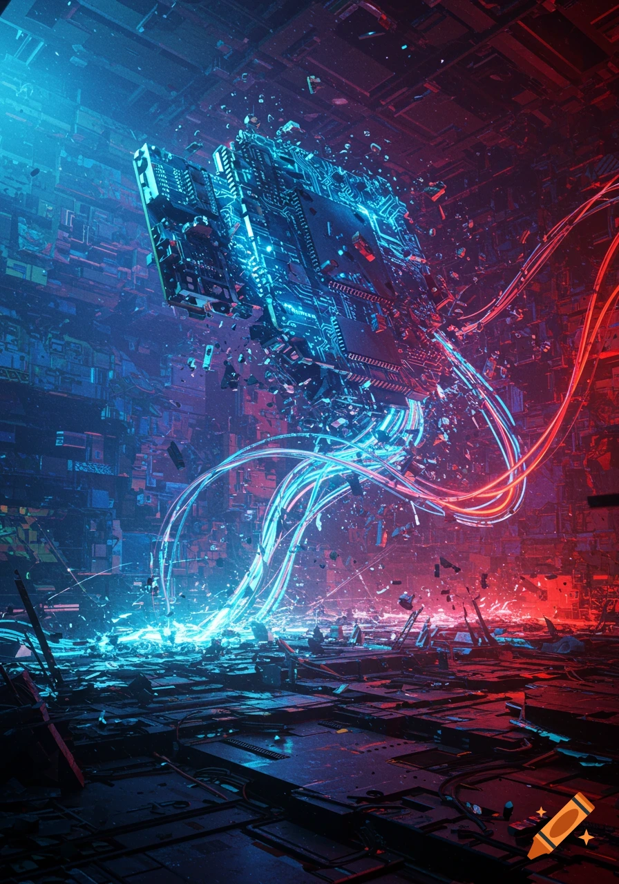 A fragmented circuit board glows with blue and red light, surrounded by digital debris in a dark, cyberpunk environment.