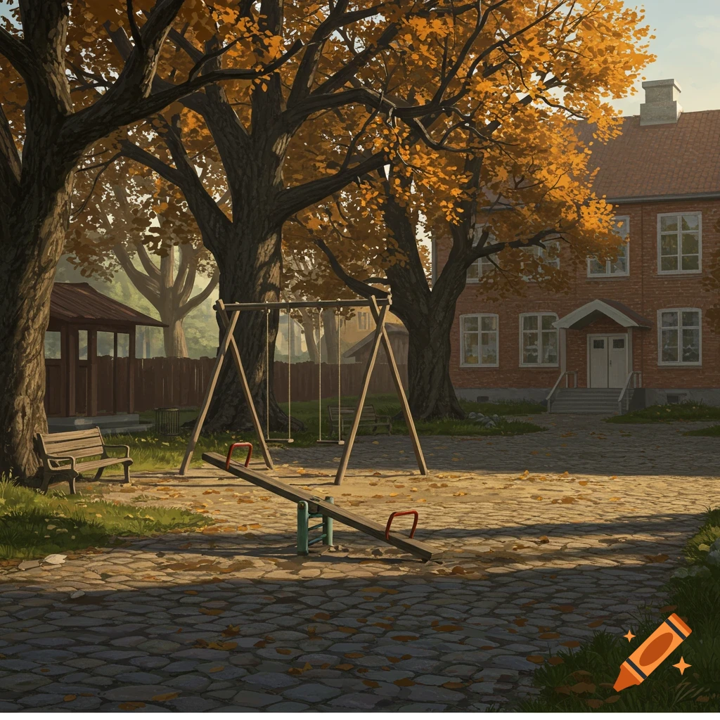 An empty traditional schoolyard in autumn with a swing set, seesaw, and trees with orange leaves next to a brick building.
