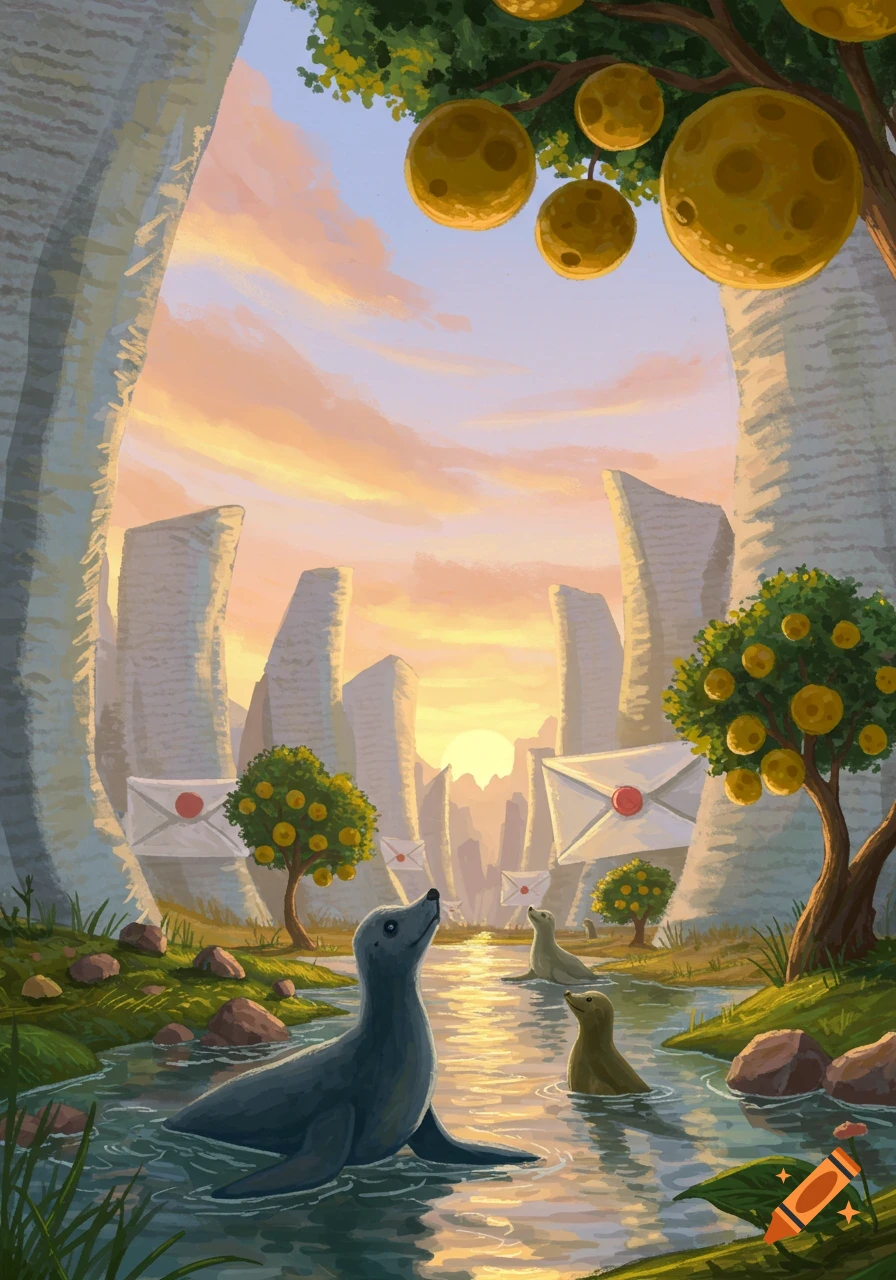 A blue seal in a river looks up at giant floating letters and fruit trees, with other seals, stone formations, and a sunset in a vibrant, illustrative style.