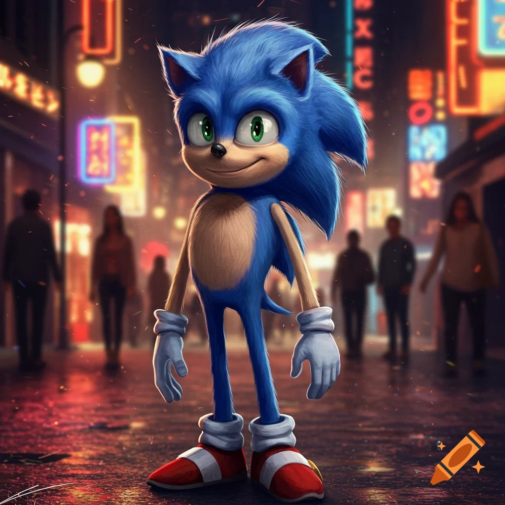 The movie version of Sonic the Hedgehog stands on a wet, neon-lit city street at night, looking at the viewer.