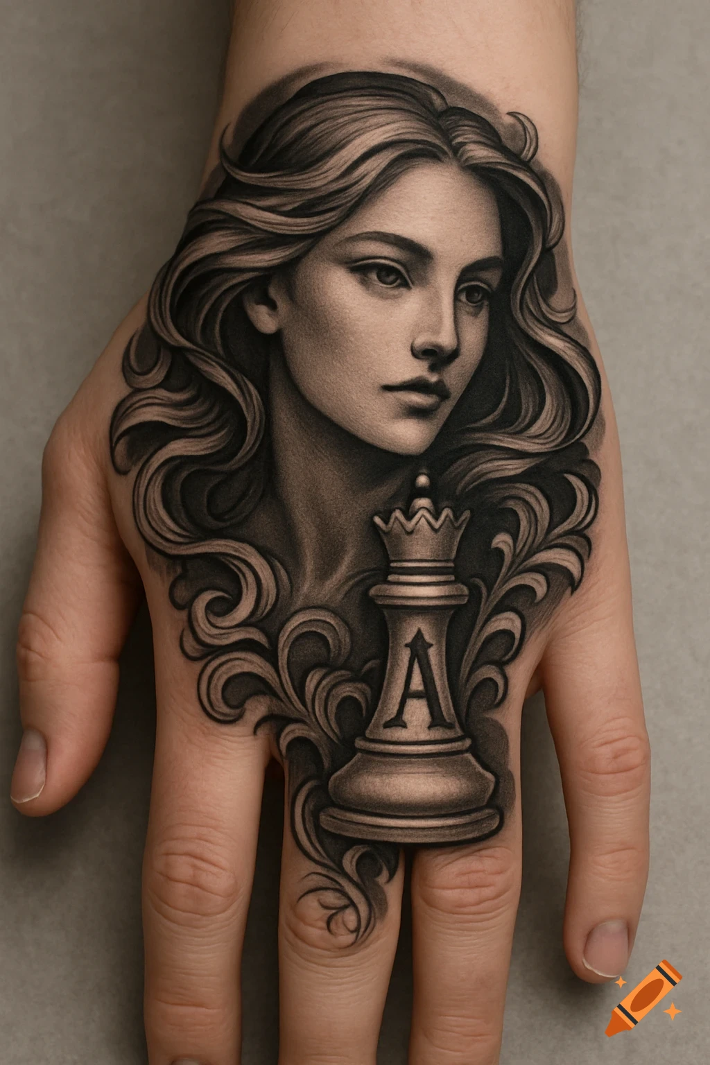 A black and grey tattoo on a hand showing a woman with flowing hair, a queen chess piece with an 'A' on it, and decorative swirls.