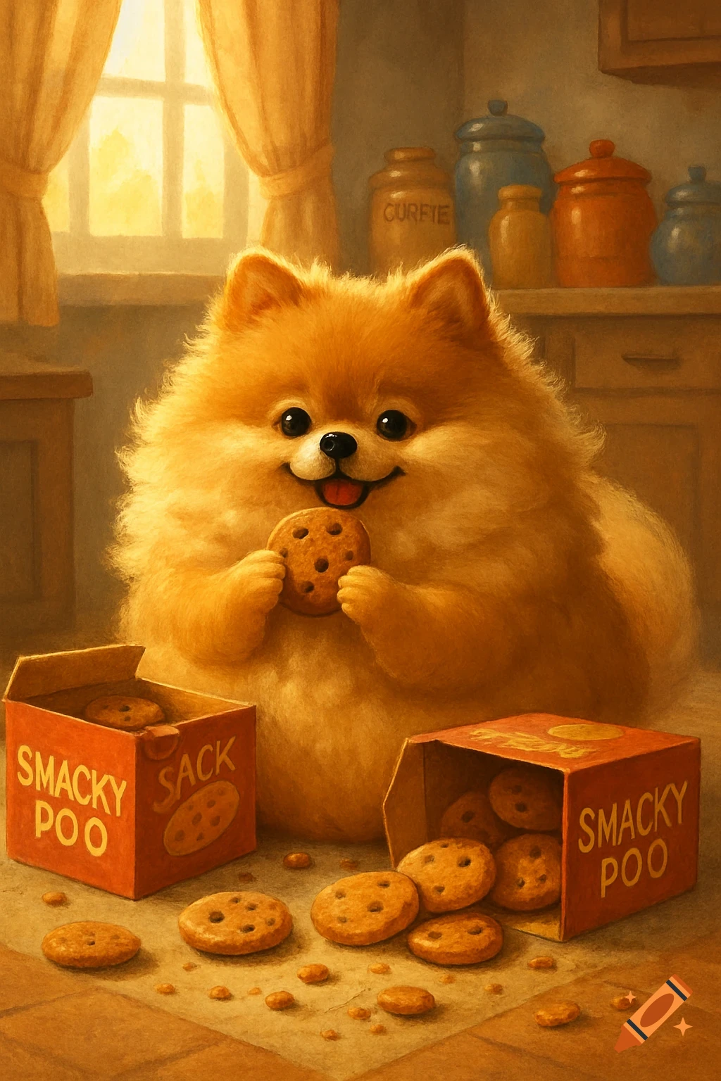 A fluffy, overweight Pomeranian dog happily eating a cookie from a pile of cookies and open boxes in a painterly kitchen setting.