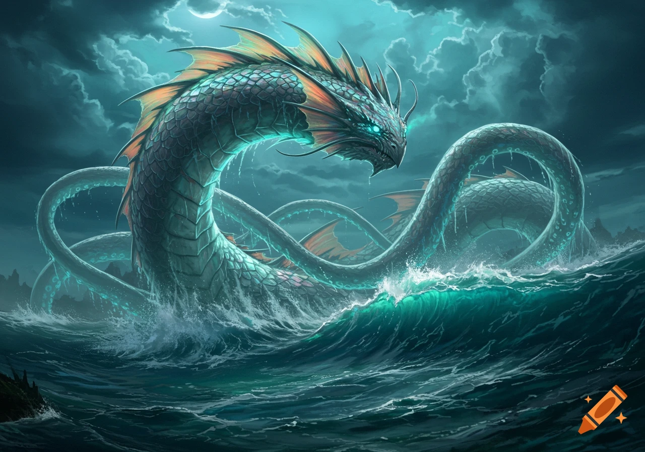 A massive, glowing-eyed Leviathan sea serpent rises from stormy teal ocean waters under a dark, cloudy sky with a moon.