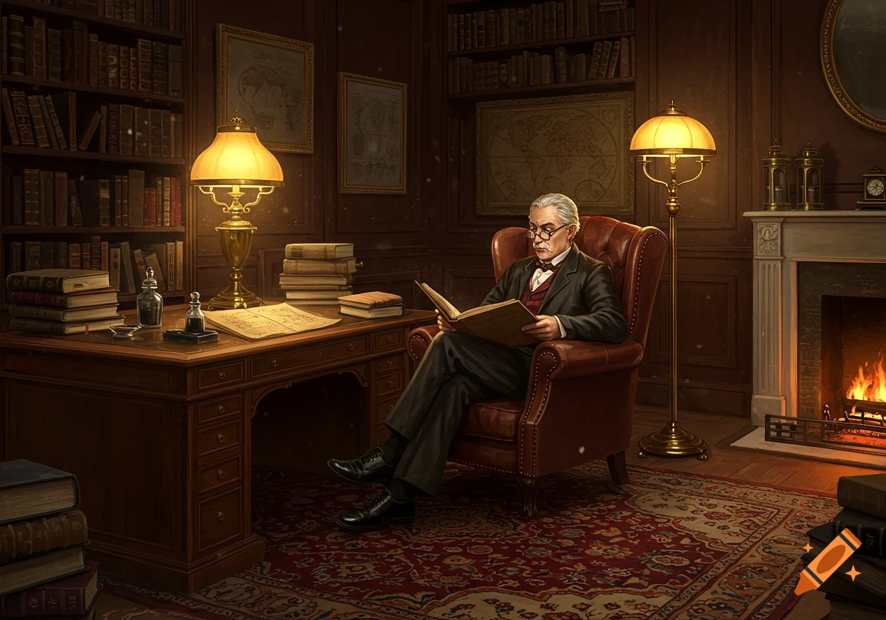 An elderly man in a suit and glasses reads a book in a richly decorated, dimly lit study with bookshelves, a fireplace, and a desk.