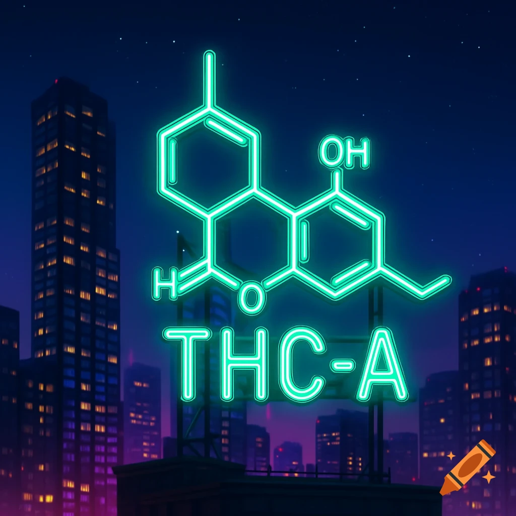 A green neon sign of the THC-A molecule chemical structure and the text "THC-A" illuminates a dark night city skyline.