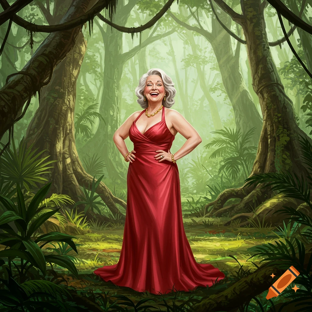 Smiling older woman with grey hair in a red dress and gold jewelry, standing in a lush tropical jungle, illustration.