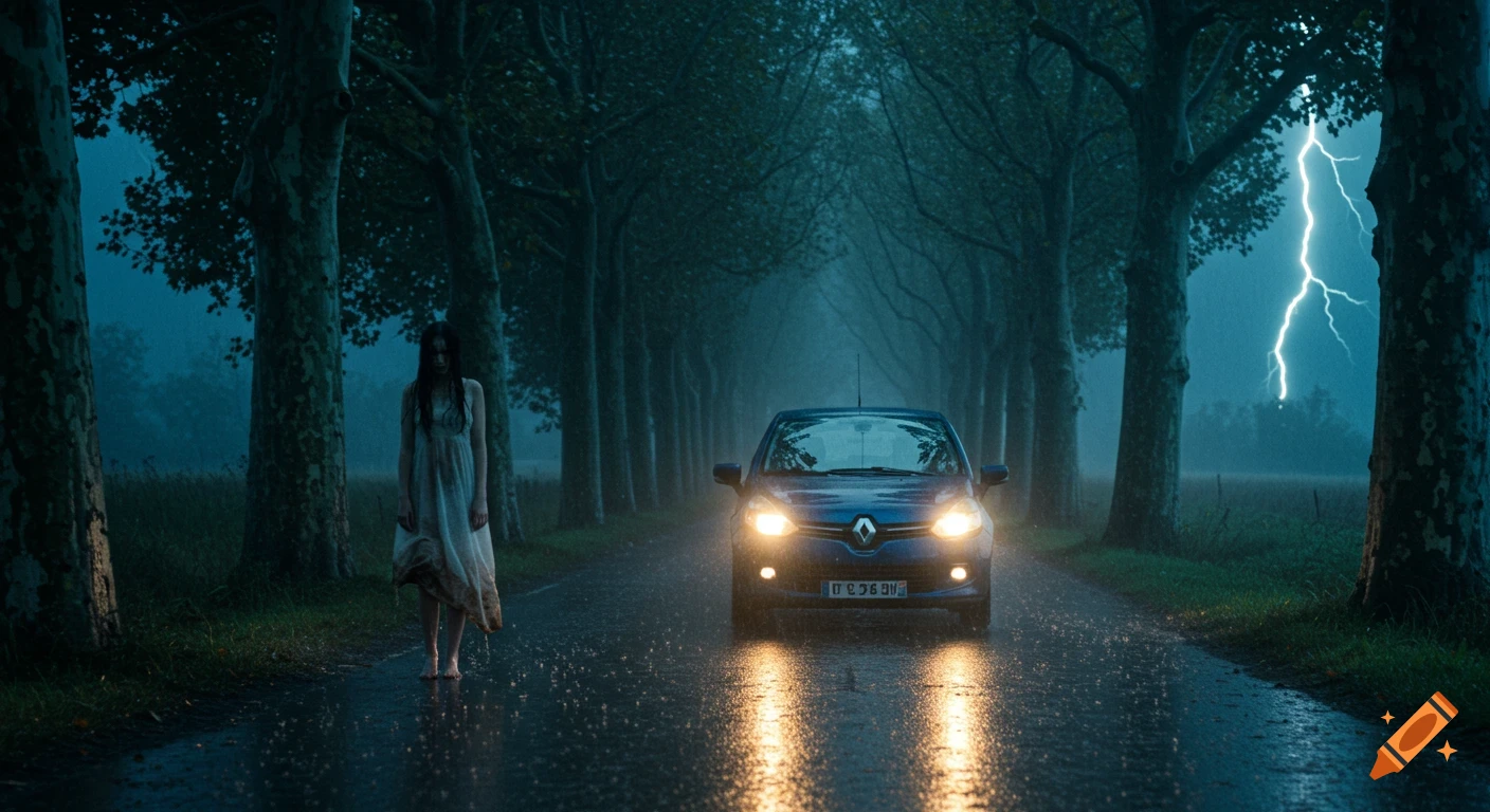 A dark blue car on a wet road in a thunderstorm, with a pale, ghost-like woman standing by trees.