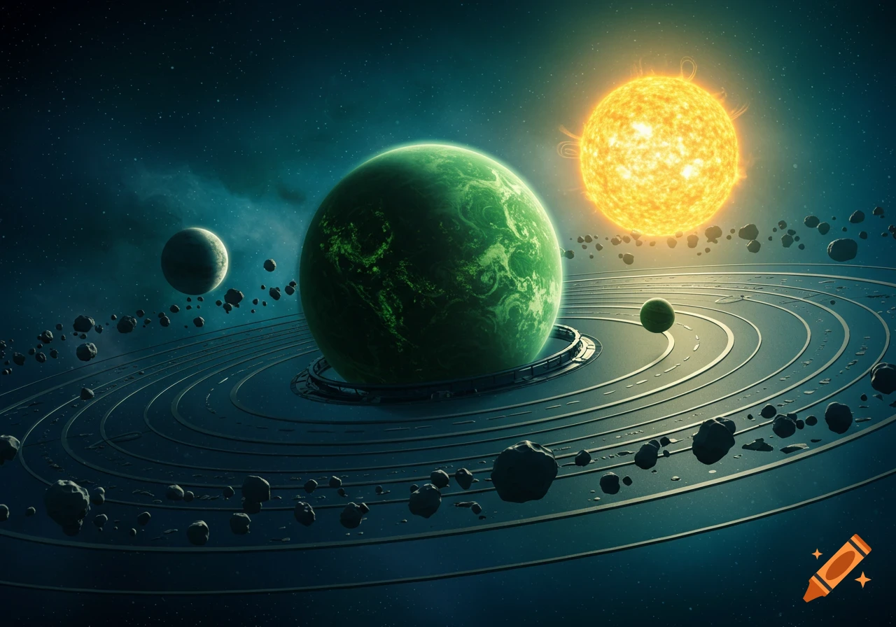 A vibrant green planet with prominent rings, orbited by a moon and asteroids, brightly lit by a nearby yellow sun in space.