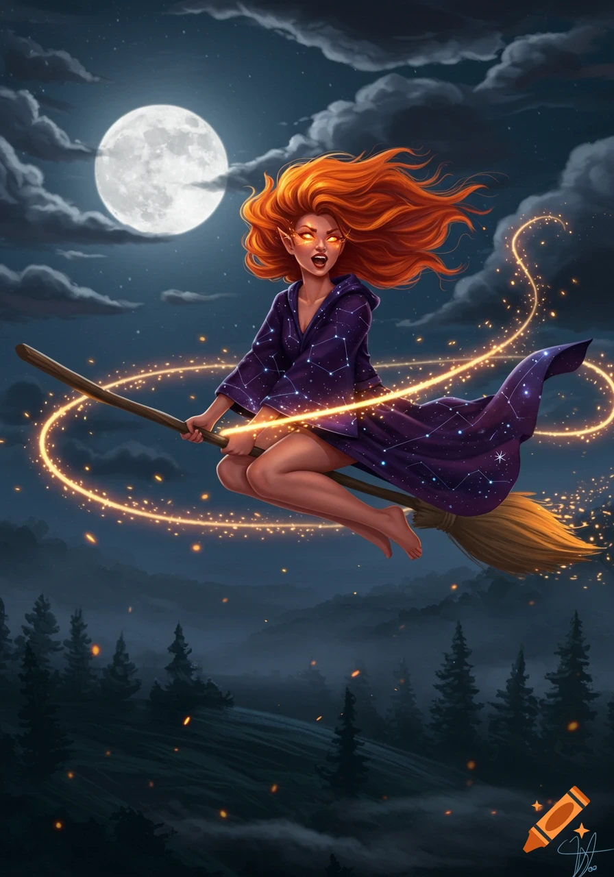 A red-haired witch with glowing eyes flies on a broomstick under a full moon, trailing magical sparks, digital art.