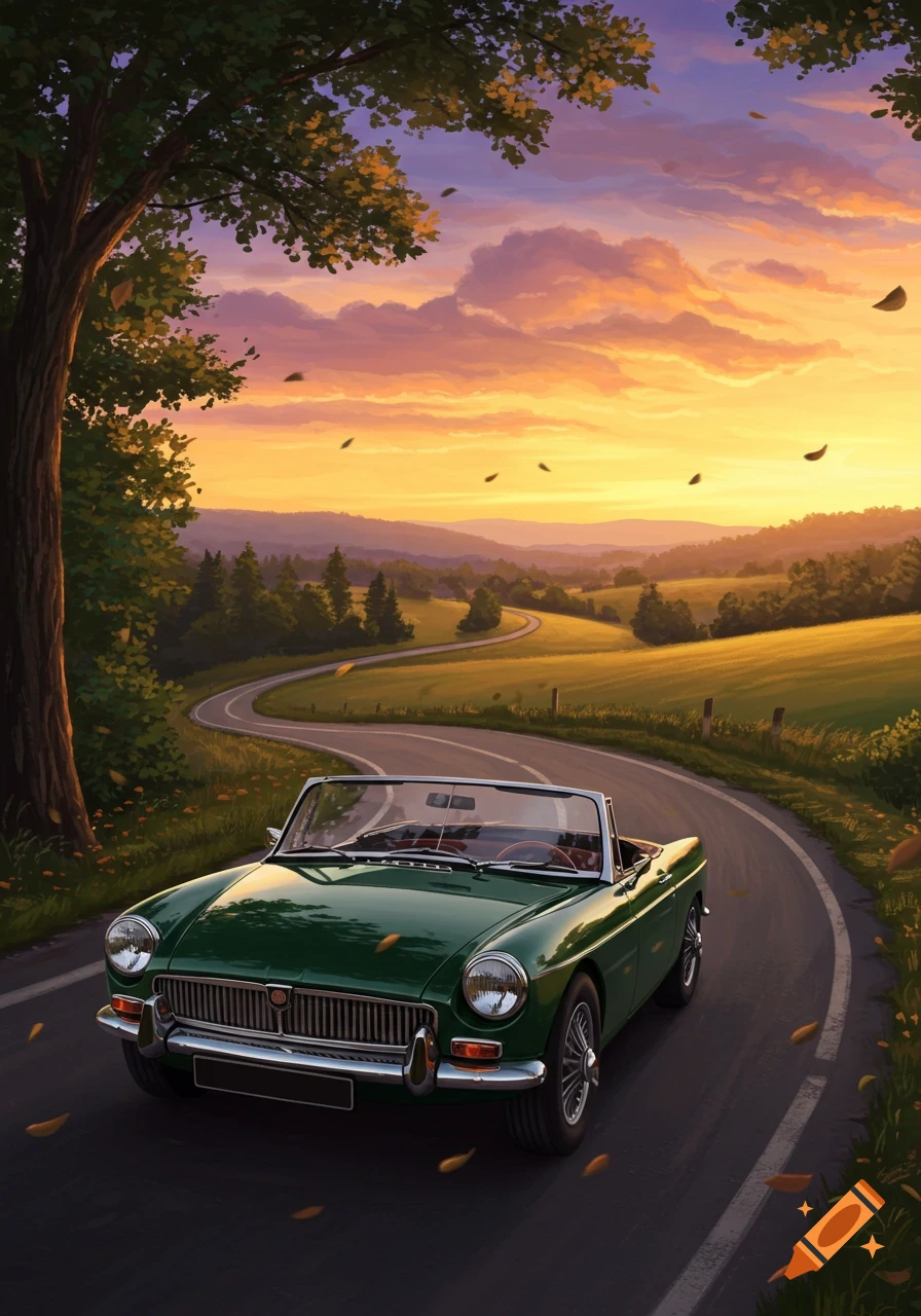 Green MGB convertible on a winding road through a vibrant sunset landscape, in an illustrated style.