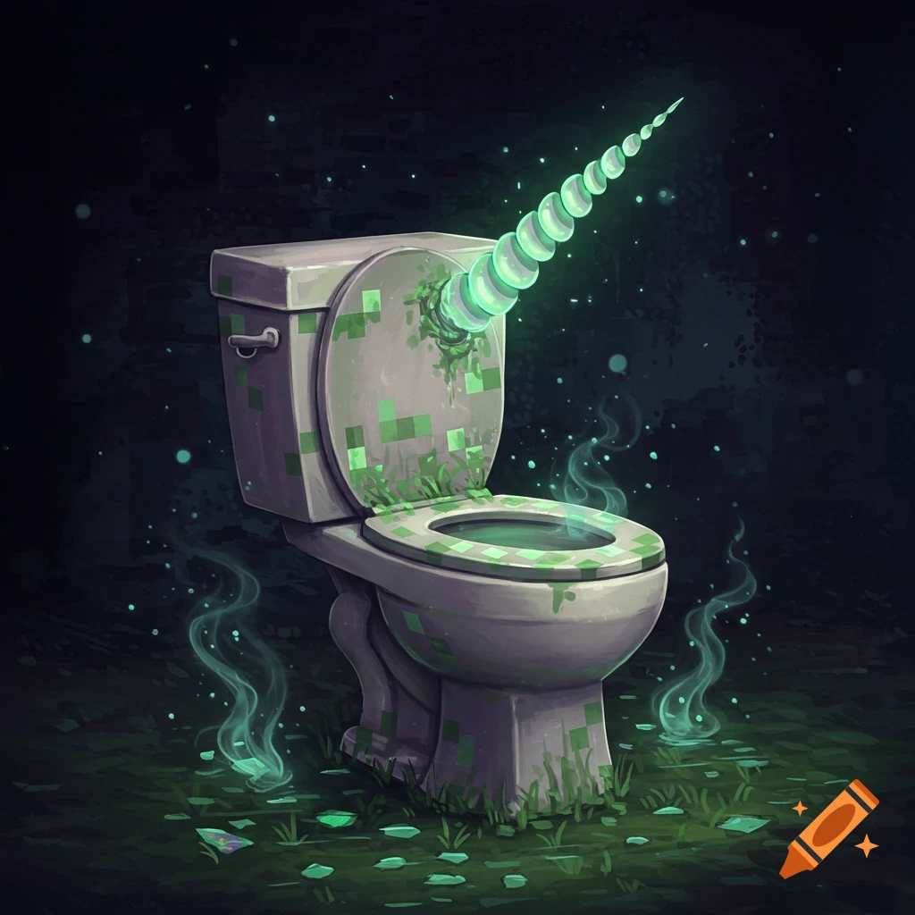 A fantastical toilet covered in green pixelation and moss, with a glowing green unicorn horn, in a dark, magical forest illustration.