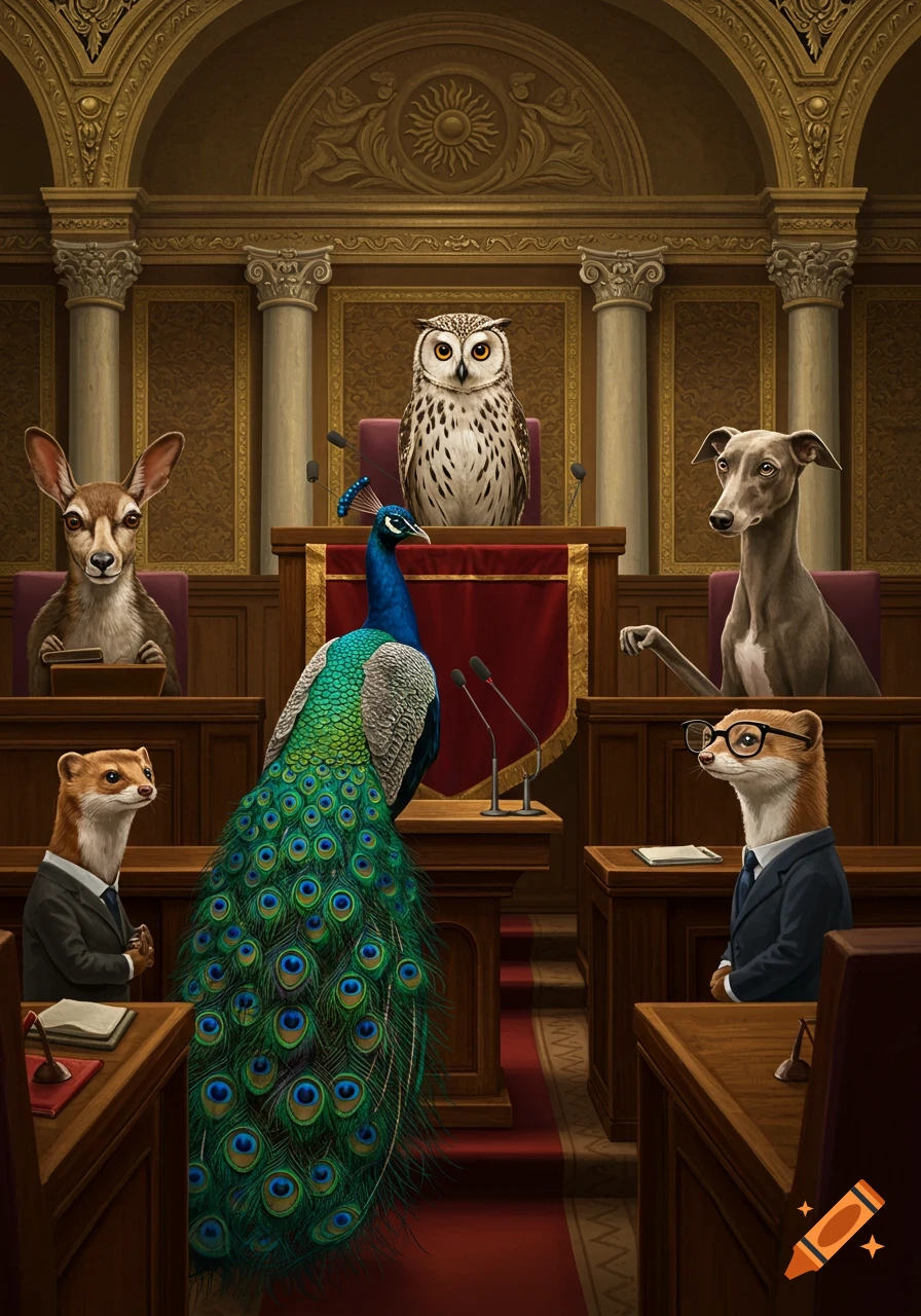 An anthropomorphic owl, peacock, dog, and weasels in suits gathered in an ornate courtroom.