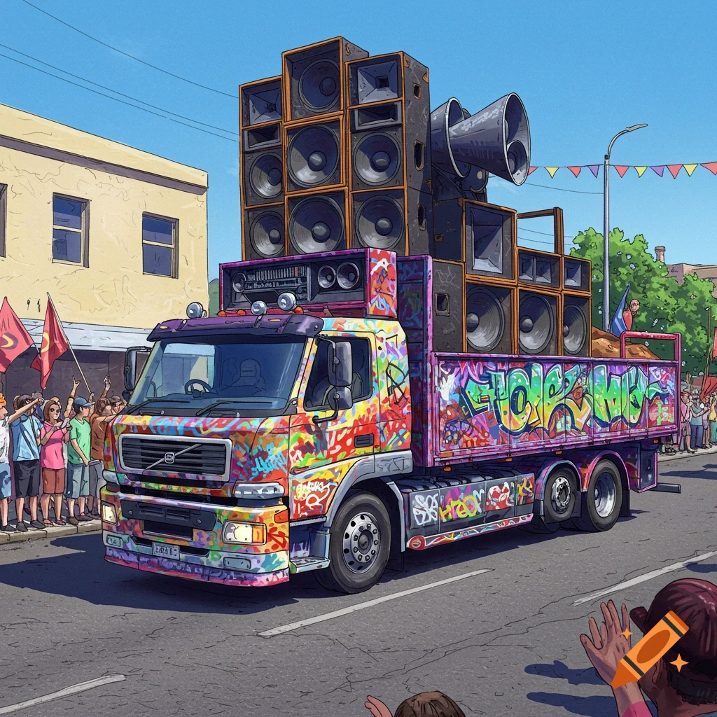 An open lorry, covered in colorful graffiti, drives down a street with a huge stack of speakers in its bed. People line the street, watching the parade under a clear blue sky, in a vibrant cartoon style.