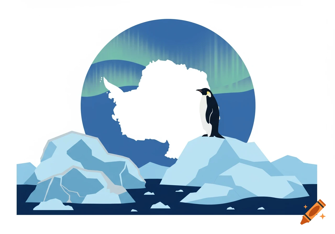 Stylized illustration of a penguin on an iceberg with the white outline of Antarctica and a green aurora against a blue background.
