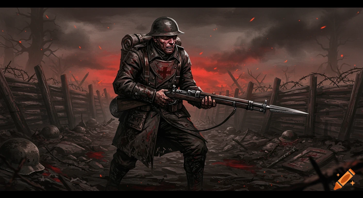 A grim WWI soldier, splattered with blood, stands in a desolate trench battlefield under a red-tinged sky, in Darkest Dungeon style.