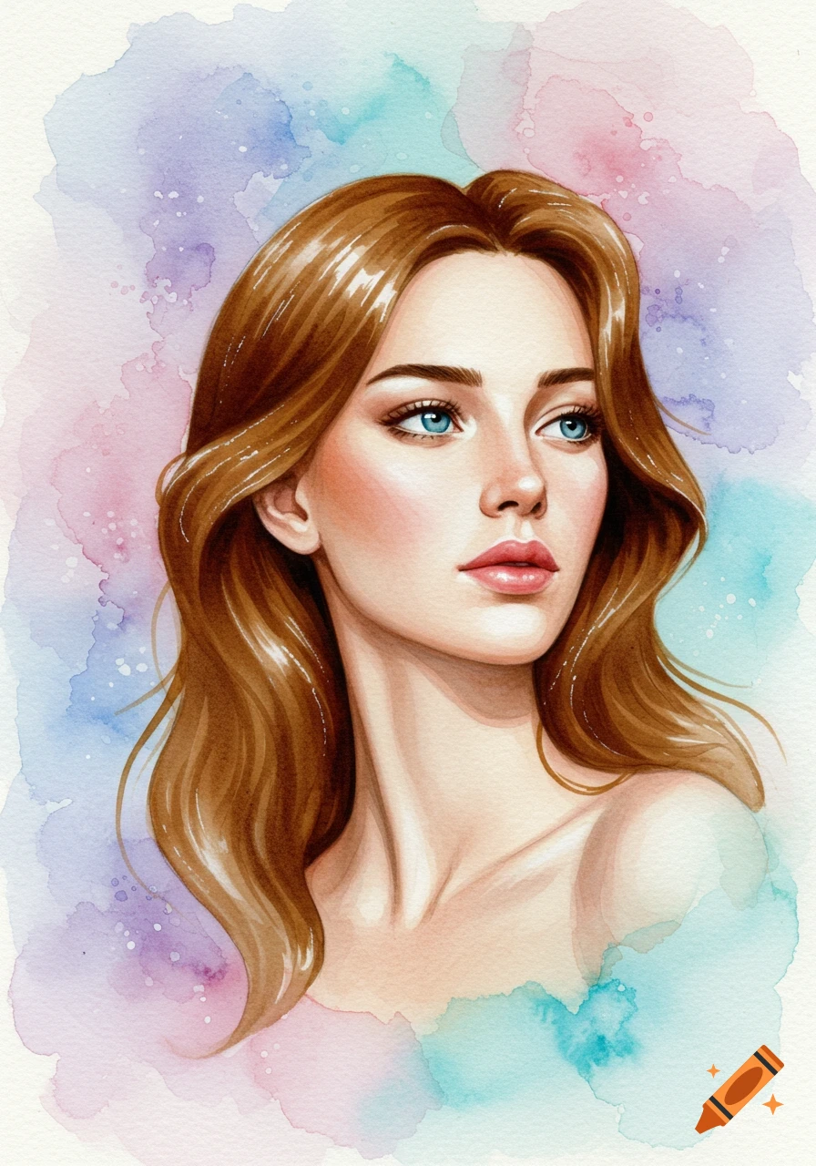 Watercolor portrait of a woman with long brown hair and blue eyes, against a pastel, abstract background.