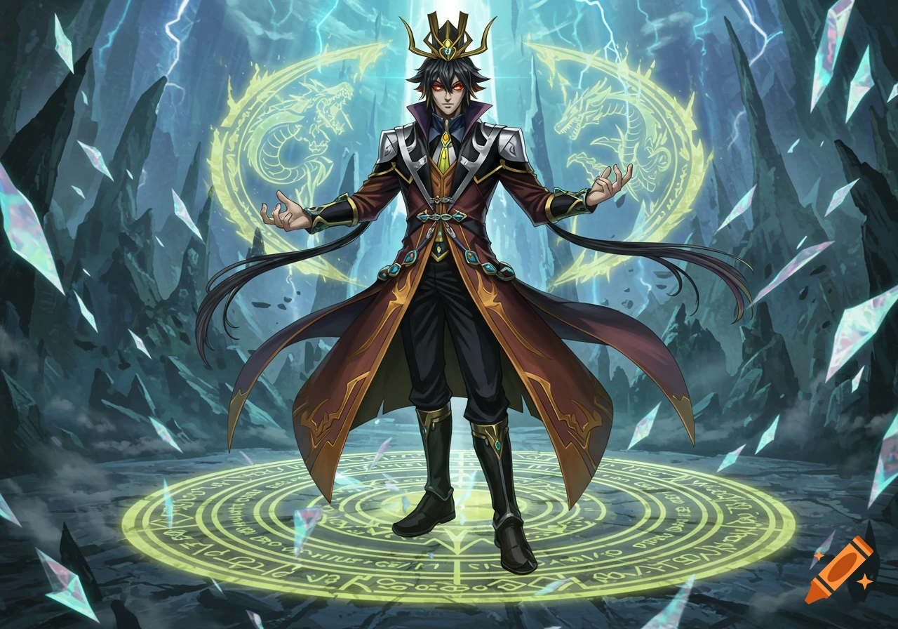 Anime-style character with dark hair, red eyes, in an elaborate brown and gold coat, standing in a rocky magical landscape with glowing dragons and a magic circle.