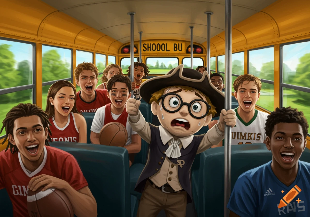 Cartoon illustration of a school bus filled with laughing young adult sports players and a scared Quaker mascot, sweating and trembling.