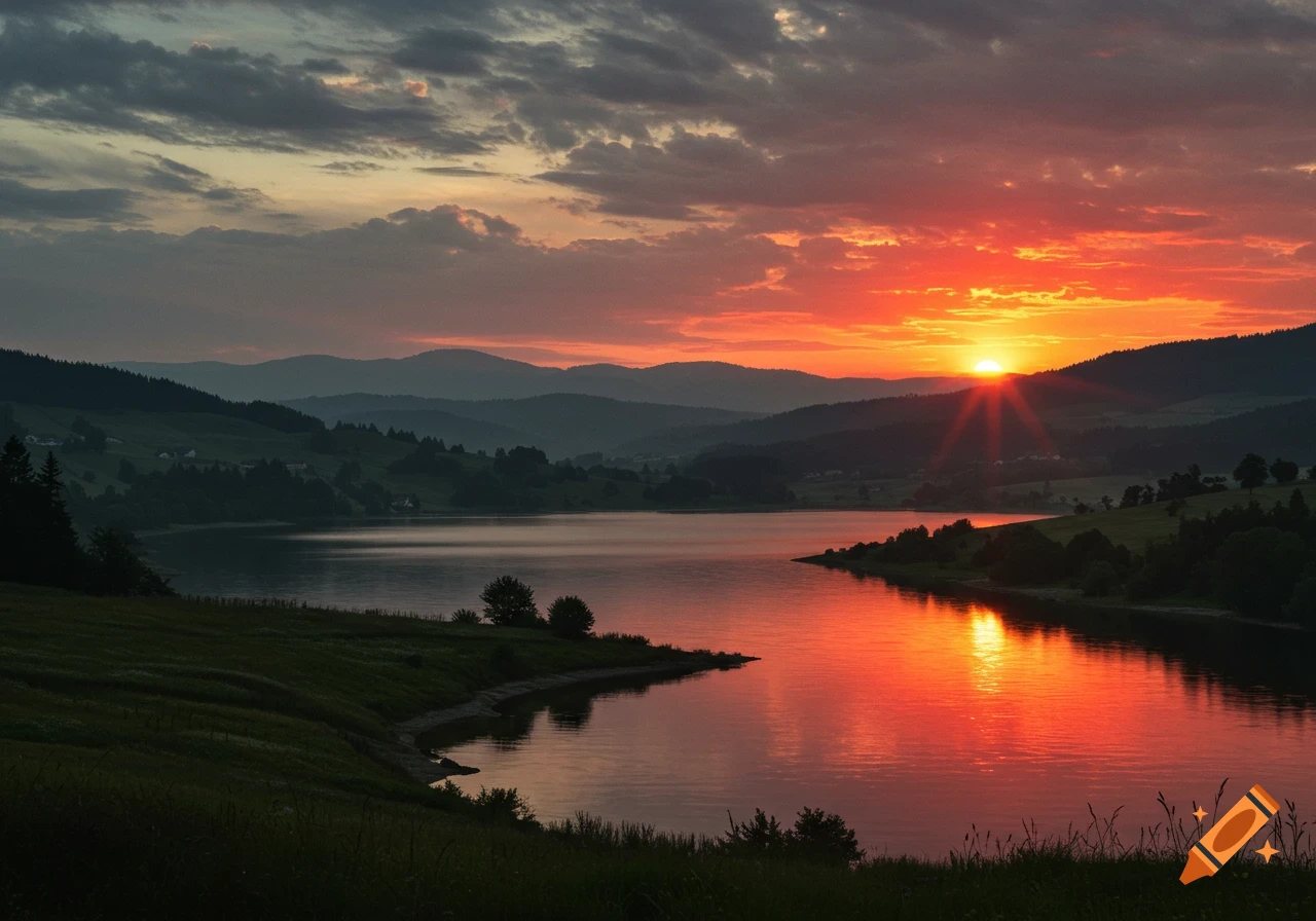 Vibrant orange and red sunset over a serene lake, reflecting the sky, surrounded by rolling hills and distant mountains.