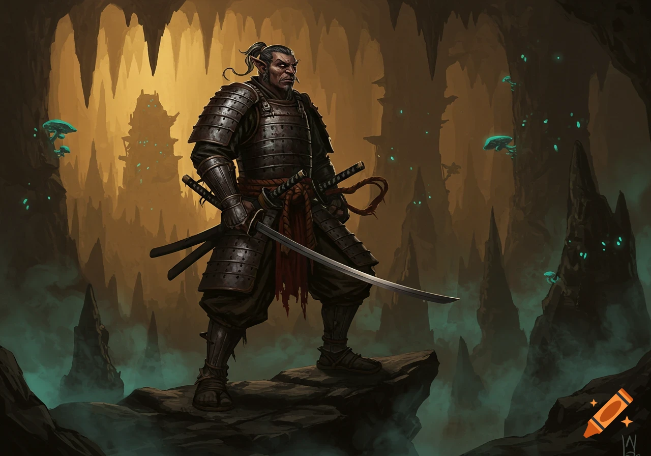 A heavily armored Duergar samurai stands wielding a katana in a glowing, stalactite-filled cave. Fantasy digital painting.
