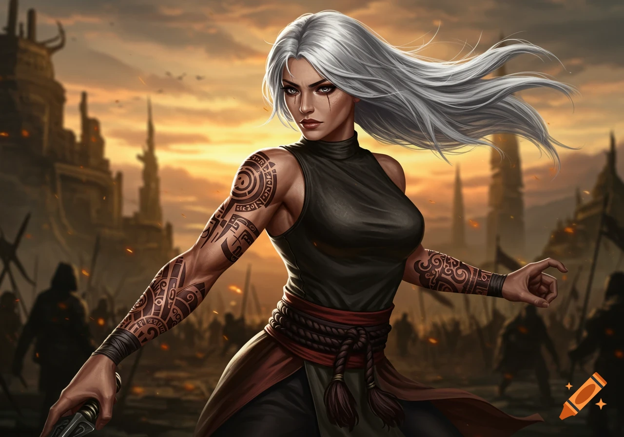 A white-haired female warrior with intricate arm tattoos stands against a sunset backdrop of a ruined city and shadowy figures.