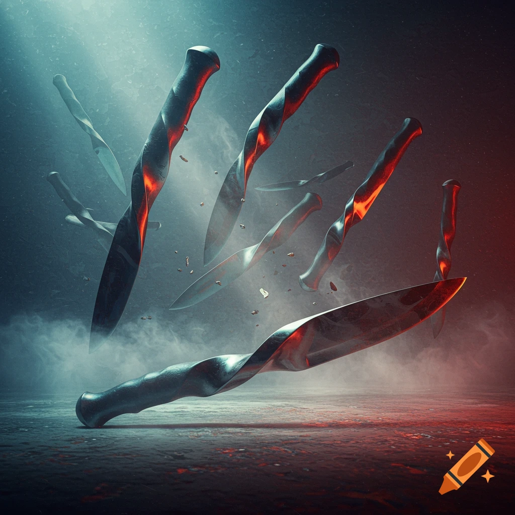 Multiple twisted, glowing knives float dramatically in a smoky, blue and red lit surreal environment.
