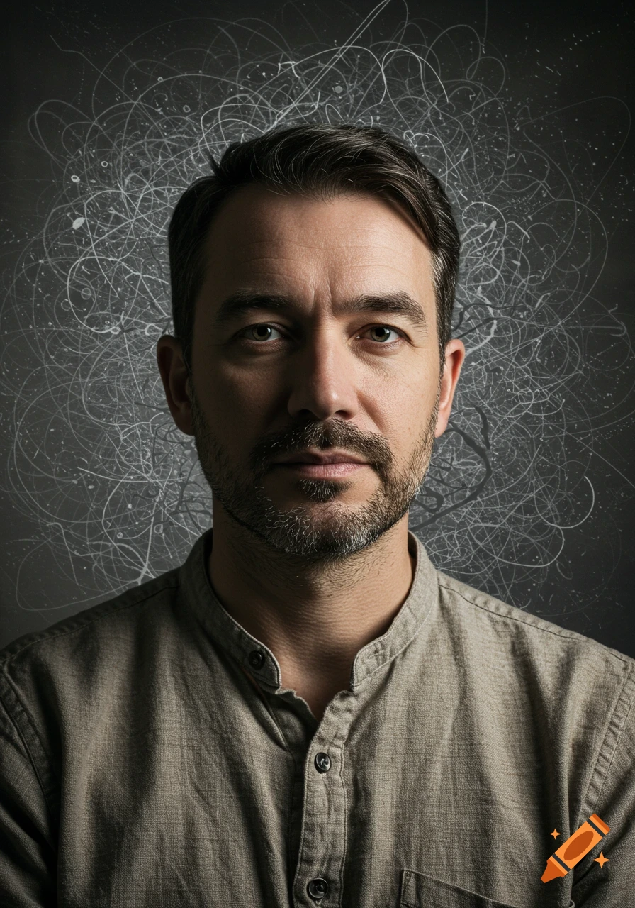 Photorealistic portrait of a man with a beard and mustache, shoulders up, against a dark background with abstract white chaotic lines.