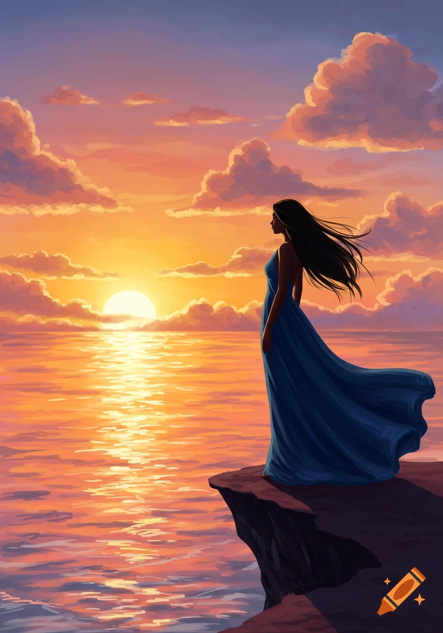 A stylized illustration of a woman in a blue dress standing on a cliff, looking out at a vibrant sunset over the ocean.