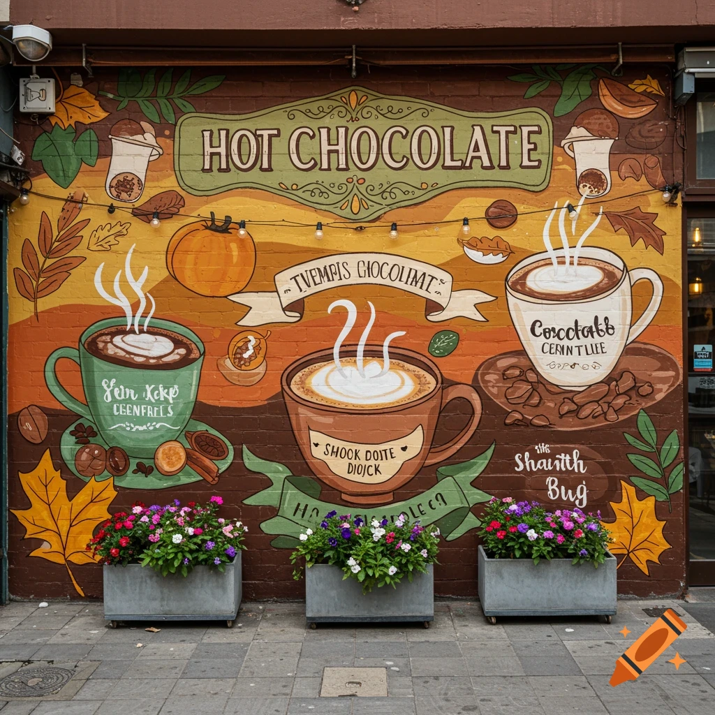 A colorful mural on a brick wall featuring steaming mugs of hot chocolate, pumpkins, and autumn leaves, with "HOT CHOCOLATE" written at the top. Flower boxes are below.