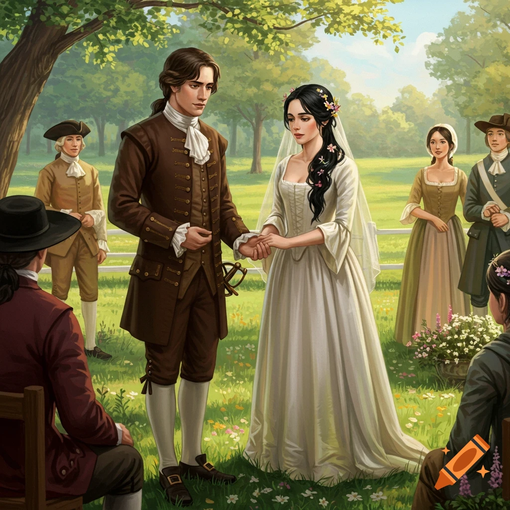 A couple in 17th-century attire holds hands during an outdoor wedding in a lush green park with guests.