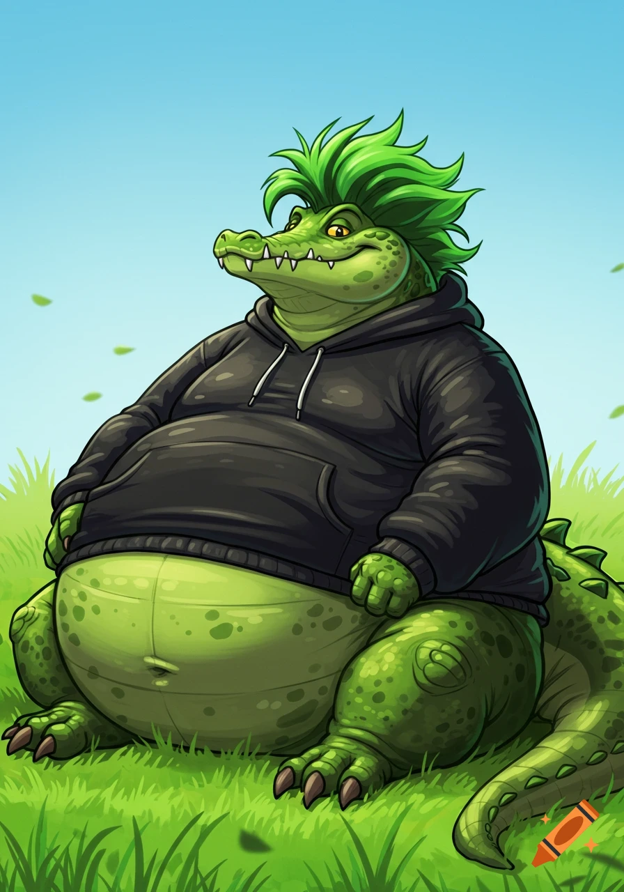 An extremely obese green male crocodile with green hair and a black hoodie sits on green grass in a 2D cartoon style.