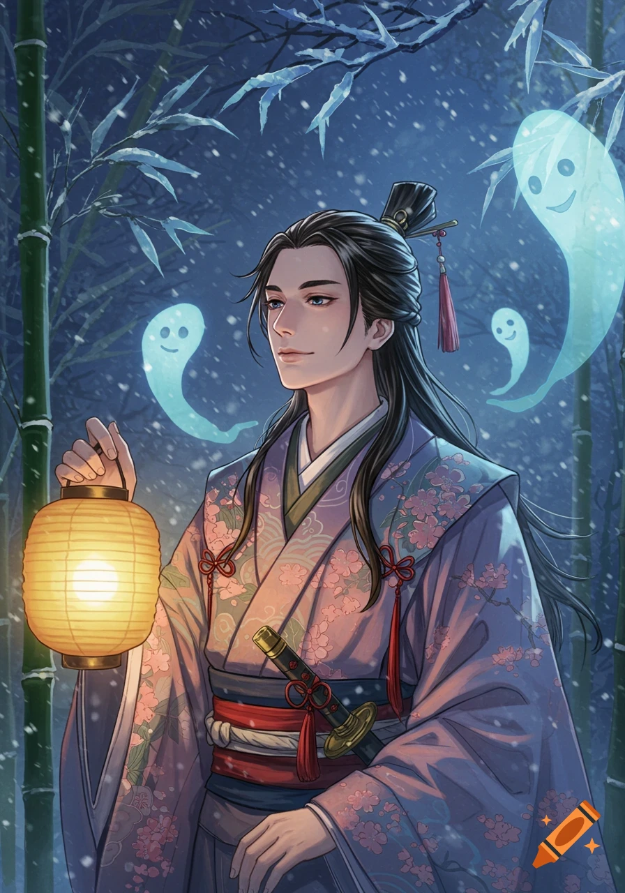 Anime illustration of a man in traditional attire holding a lantern in a snowy bamboo forest with cheerful floating ghosts.