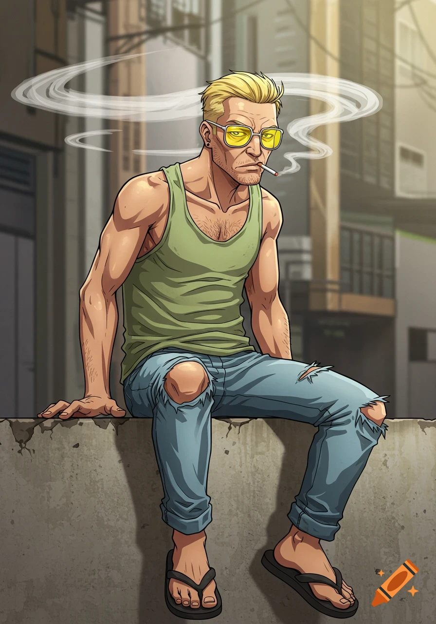 Anime illustration of a blond man in a tank top and ripped jeans, wearing yellow sunglasses, sitting on a concrete wall and smoking a cigarette.