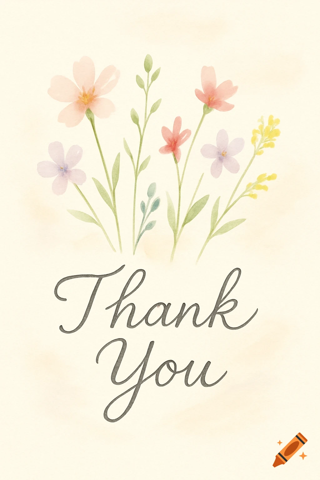 Watercolor 'Thank You' card with pastel flowers and green leaves on a light beige background.